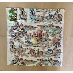 Vtg Fabric Kandell Design Everglaze Chintz Farm, Lake and Train Scene 35x36"